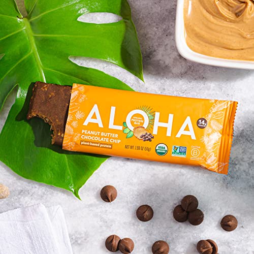 ALOHA Organic Plant Based Protein Bars |Peanut Butter Chocolate Chip | 12 Count, 1.98oz Bars | Vegan, Low Sugar, Gluten Free, Paleo, Low Carb, Non-GMO, Stevia Free, Soy Free, No Sugar Alcohol Sweeteners