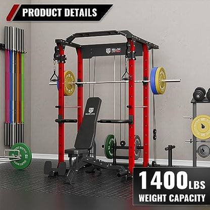 MAJOR LUTIE Power Cage with Weight Bench, 230LBS Weight Plates and Barbell, 1400 lbs Multi-Function Red Power Rack with Adjustable Cable Crossover System and More Exercise Machine Attachments