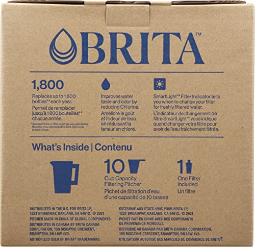 Brita Large Water Filter Pitcher for Tap and Drinking Water with SmartLight Filter Change Indicator + 1 Standard Filter, Lasts 2 Months, 10-Cup Capacity, Christmas Gift for Men and Women, Black