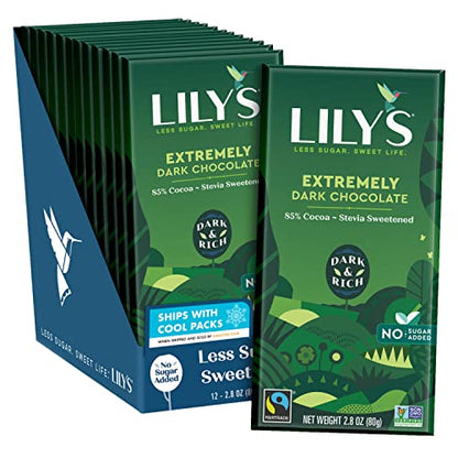 LILY'S Extremely Dark Chocolate Style, Individually Wrapped, Gluten Free, Bulk No Sugar Added Sweets Bars, 2.8 oz (12 Count)