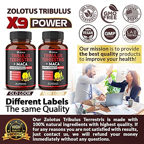 Zolotus Premium Tribulus Terrestris Maca, 9600mg Per Capsule, Highest Potency with Ashwagndha, Panax Ginseng, Boost Energy, Mood, Stamina & Performance, for Men & Women 90 Count (Pack of 1)