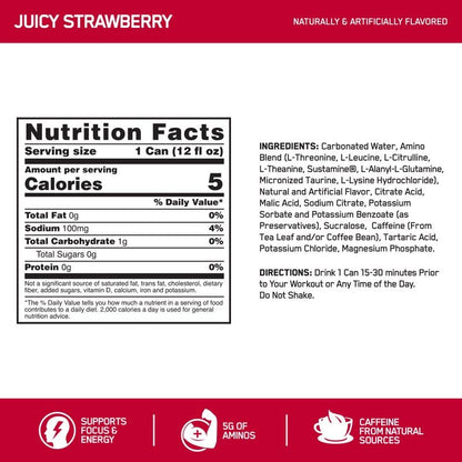 Optimum Nutrition Amino Energy Drink + Electrolytes for Hydration - Sugar Free, Amino Acids, BCAA, Keto Friendly, Sparkling Drink - Juicy Strawberry, Pack of 12 (Packaging May Vary)