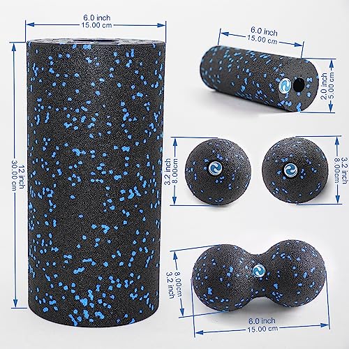 WoNicer 5 in 1 High Density Foam Roller Set for Muscle Massage, Physical Therapy,Pilates,Yoga - Gym Accessories,Back Roller,Foot Massage Ball & Peanut Ball - Easy to Carry with Cute Bag. (Blue Spot)