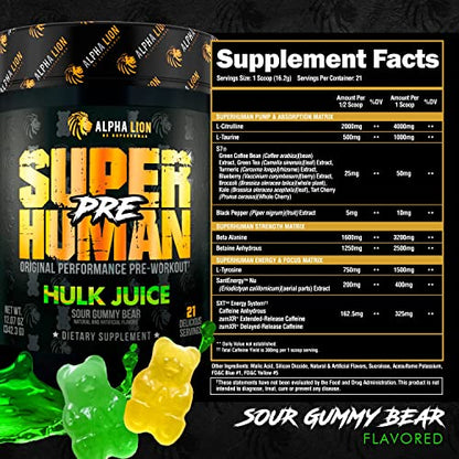 ALPHA LION Superhuman Pre Workout Powder, Beta Alanine, L-Taurine & Tri-Source Caffeine for Sustained Energy & Focus, Nitric Oxide & Citrulline for Pump (21 Servings, Hulk Juice)