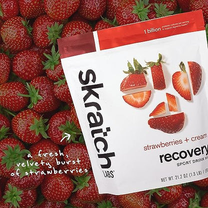 Skratch Labs Recovery- Sport Drink Mix | Complete Milk Protein with Carbs, Electrolytes, and Probiotics | Post Workout Powder | Strawberries + Cream