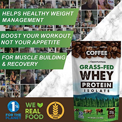 Coffee Whey Protein Powder - Low Carb & Keto Friendly - Grass Fed Whey Isolate + Colombian Coffee - 60 mg Caffeine For Energy - Pre or Post Workout Drink Mix, Latte, Shake & Smoothie - 1 Pound