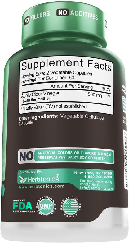 Herbtonics Raw Apple Cider Vinegar Capsules, 1500mg Detox Support (Packaging May Vary), 90 Caps