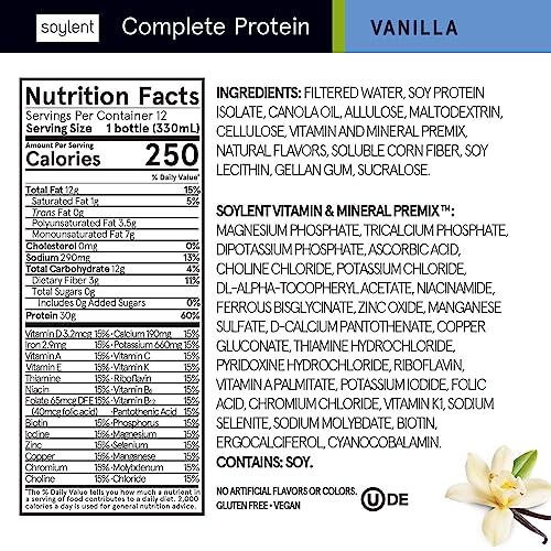 Soylent Vanilla Protein Shake, 30g Complete Protein, Vegan, Dairy Free and 0g Sugar, Ready to Drink Protein Drinks, 11 Oz (Pack of 12)