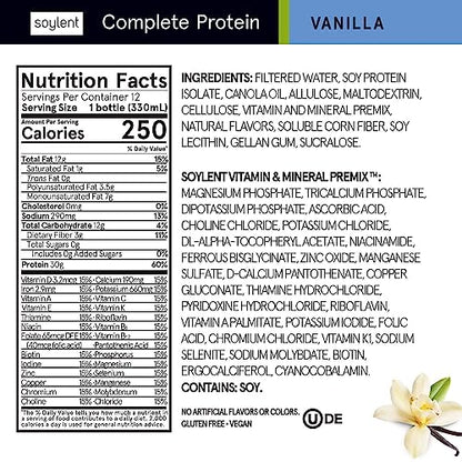 Soylent Vanilla Protein Shake, 30g Complete Protein, Vegan, Dairy Free and 0g Sugar, Ready to Drink Protein Drinks, 11 Oz (Pack of 12)