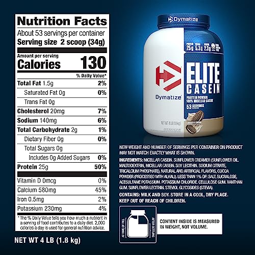 Dymatize Elite Casein Protein Powder, Slow Absorbing with Muscle Building Amino Acids, 100% Micellar Casein, 25g Protein, 5.3g BCAAs & 2.3g Leucine, Helps Overnight Recovery, Cookies & Cream, 4 lb