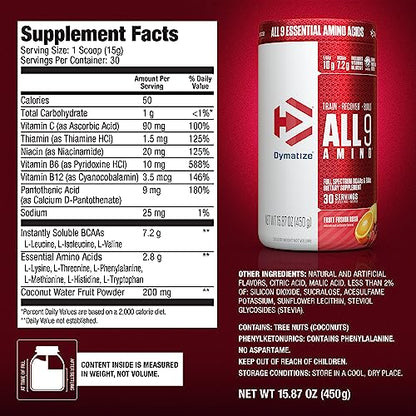 Dymatize All9 Amino, 7.2g of BCAAs, 10g of Full Spectrum Essential Amino Acids Per Serving for Recovery and Muscle Protein Synthesis, Fruit Fusion Rush, 30 Servings, 15.87 Ounce