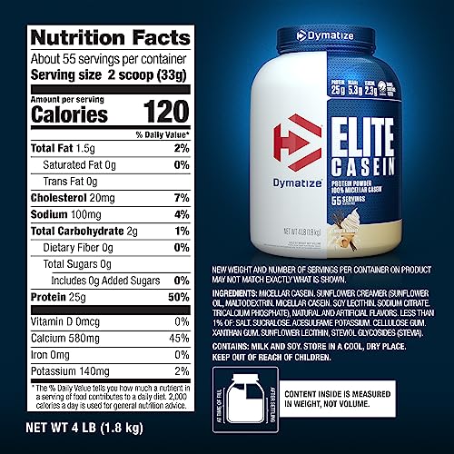 Dymatize Elite Casein Protein Powder, Slow Absorbing with Muscle Building Amino Acids, 100% Micellar Casein, 25g Protein, 5.4g BCAAs & 2.3g Leucine, Helps Overnight Recovery, Smooth Vanilla, 4 Pound