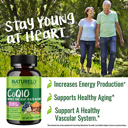 NATURELO Whole Food CoQ10 with Heart Health Blend, Powerful Antioxidant for Energy Production, 120 Capsules