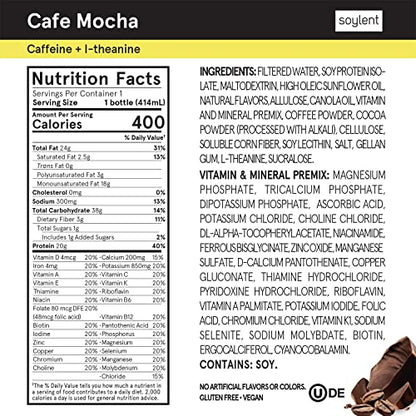 Soylent Cafe Mocha Meal Replacement Shake,  Ready-to-Drink Plant Based Protein Drink, Contains 20g Complete Vegan Protein and 1g Sugar, 14oz, 12 Pack