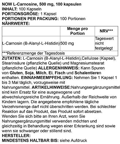 NOW Supplements, L-Carnosine (Beta-Alanyl-L-Histidine) 500 mg, Healthy Aging, 100 Veg Capsules