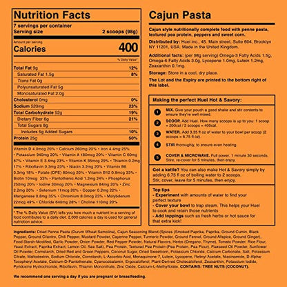 Huel Hot and Savory Instant Meal Replacement - Cajun Pasta - 14 Scoops Packed with 100% Nutritionally Complete Food, Including 25g of Protein, 6g of Fiber, and 27 Vitamins and Minerals with LastFuel scoop