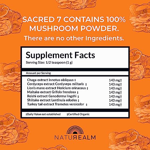 Naturealm Sacred 7 - Mushroom Extract Powder 8 oz - Chaga, Cordyceps, Lion's Mane, Maitake, Reishi, Shiitake & Turkey Tail - Organic Herbal Nootropic Supplement - Focus, Energy & Mental Performance