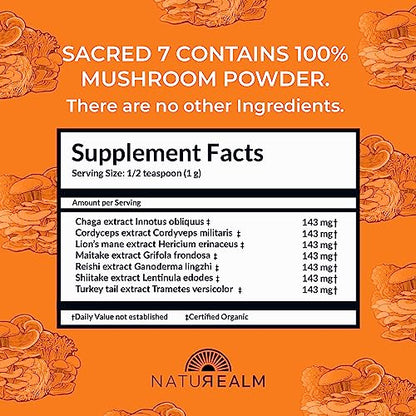 Naturealm Sacred 7 - Mushroom Extract Powder 8 oz - Chaga, Cordyceps, Lion's Mane, Maitake, Reishi, Shiitake & Turkey Tail - Organic Herbal Nootropic Supplement - Focus, Energy & Mental Performance