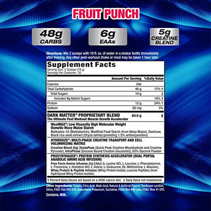 MHP Dark Matter Post Workout, Recovery Accelerator, w/Multi Phase Creatine, Waxy Maize Carbohydrate, 6g EAAs, Fruit Punch, 20 Servings, 55 Oz