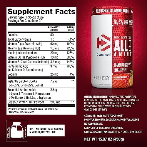 Dymatize All9 Amino, 7.2g of BCAAs, 10g of Full Spectrum Essential Amino Acids Per Serving for Recovery and Optimal Muscle Protein Synthesis, Orange Cranberry, 30 Servings, 15.87 Ounce