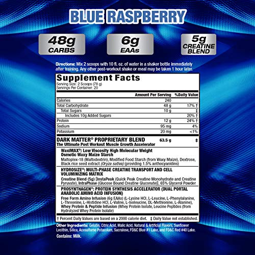 MHP Dark Matter Post Workout, Recovery Accelerator, w/Multi Phase Creatine, Waxy Maize Carbohydrate, 6g EAAs, Blue Raspberry, 20 Servings, 55.04 oz