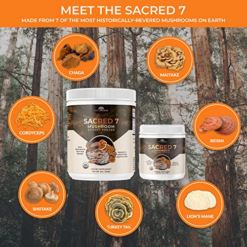 Naturealm Sacred 7 - Mushroom Extract Powder 8 oz - Chaga, Cordyceps, Lion's Mane, Maitake, Reishi, Shiitake & Turkey Tail - Organic Herbal Nootropic Supplement - Focus, Energy & Mental Performance