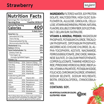 Soylent Strawberry Meal Replacement Shake, Ready-to-Drink Plant Based Protein Drink, Contains 20g Complete Vegan Protein and 1g Sugar, 14oz, 12 Pack