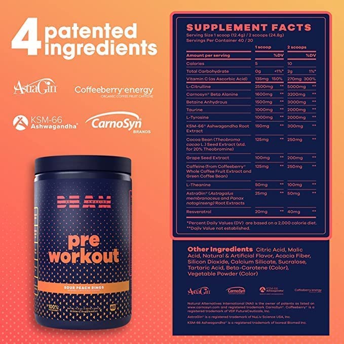 BEAM Be Amazing Vegan Pre-Workout Powder | Energy Booster Powdered Drink with All-Natural Caffeine, No Crash, No Jitters | Gluten-Free Supplement with Adaptogens | Sour Peach Rings, 40 Scoops