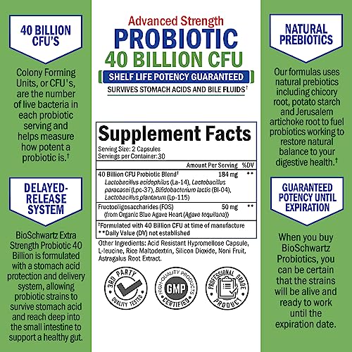 Daily Probiotic Supplement with 40 Billion CFU - Gut Health Complex with Astragalus and Lactobacillus Acidophilus Probiotic for Women and Men - Shelf Stable Pre and Probiotics for Digestive Health