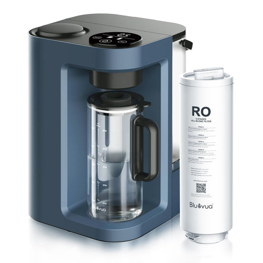 Bluevua RO100ROPOT-LITE Countertop Reverse Osmosis Water Filter System, 5 Stage Purification, 3:1 Pure to Drain, Portable Water Purifier (No Installation Required) (Blue)