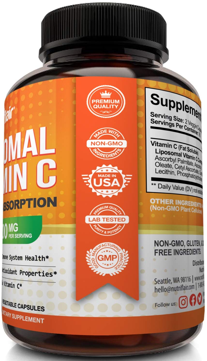 NutriFlair Liposomal Vitamin C 1600mg, 180 Capsules - High Absorption, Fat Soluble VIT C, Antioxidant Supplement, Higher Bioavailability Immune System Support & Collagen Booster, Non-GMO, Vegan Pills