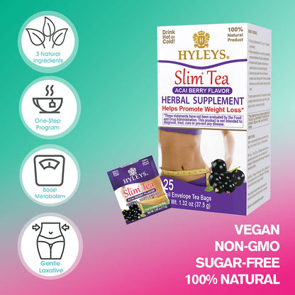 Hyleys Slim Tea Weight Loss Herbal Supplement with Acai Berry - Cleanse and Detox - 50 Tea Bags (1 Pack)