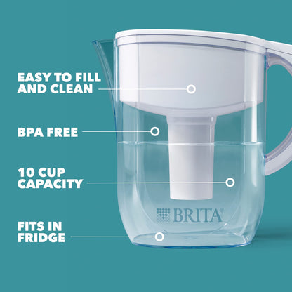 Brita Large Water Filter Pitcher with Standard Filter Replacements - 40 Gallons (2 Months) Filtration Capacity, Removes Chlorine Taste and Odor, Mercury, Copper