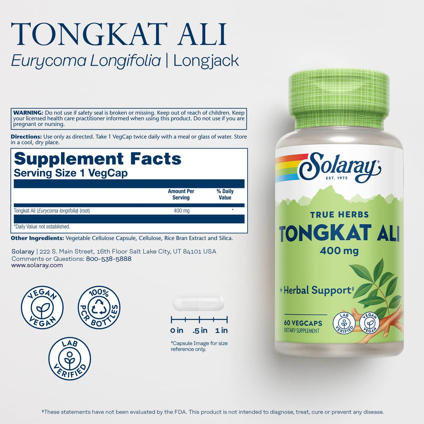 SOLARAY Tongkat Ali 400 mg, Longjack Tongkat Ali Supplement for Men, Increase Performance, Support Lean Muscle Growth, Natural Energy, Stamina & Recovery, 60 Capsules