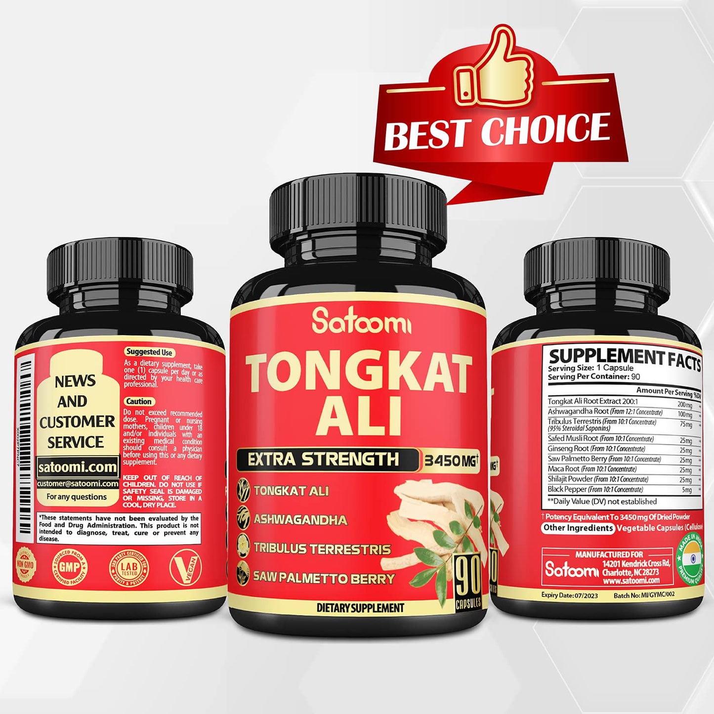 Satoomi Natural Tongkat Ali Root Extract 200:1 - 9 Essential Herbs Equivalent to 3450mg - Support Strength, Energy and Healthy Immune - 1 Pack 90 Vegan Caps 3 Month Supply