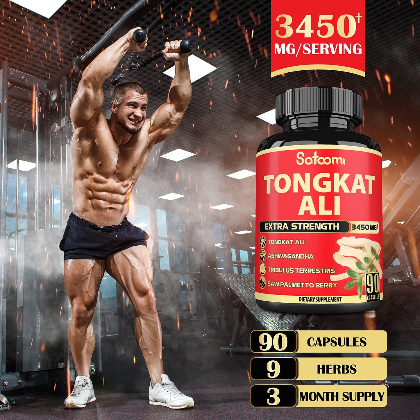 Satoomi Natural Tongkat Ali Root Extract 200:1 - 9 Essential Herbs Equivalent to 3450mg - Support Strength, Energy and Healthy Immune - 1 Pack 90 Vegan Caps 3 Month Supply