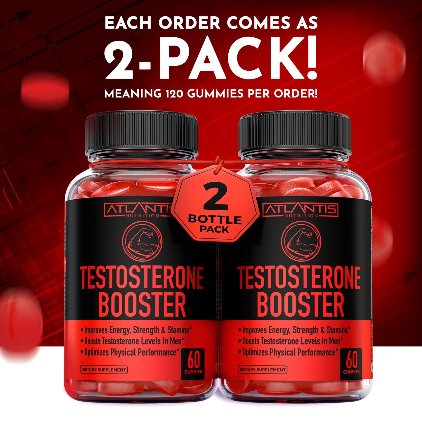 Atlantis Nutrition Testosterone Booster 2-Pack (120 Gummies) + Sugar Free Keto Apple Cider Vinegar 60 Gummies