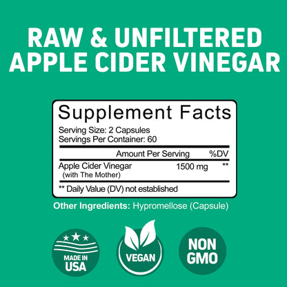 Herbtonics Raw Apple Cider Vinegar Capsules, 1500mg Detox Support (Packaging May Vary), 90 Caps