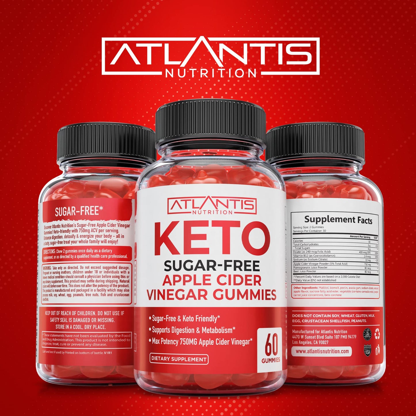 Atlantis Nutrition Testosterone Booster 2-Pack (120 Gummies) + Sugar Free Keto Apple Cider Vinegar 60 Gummies