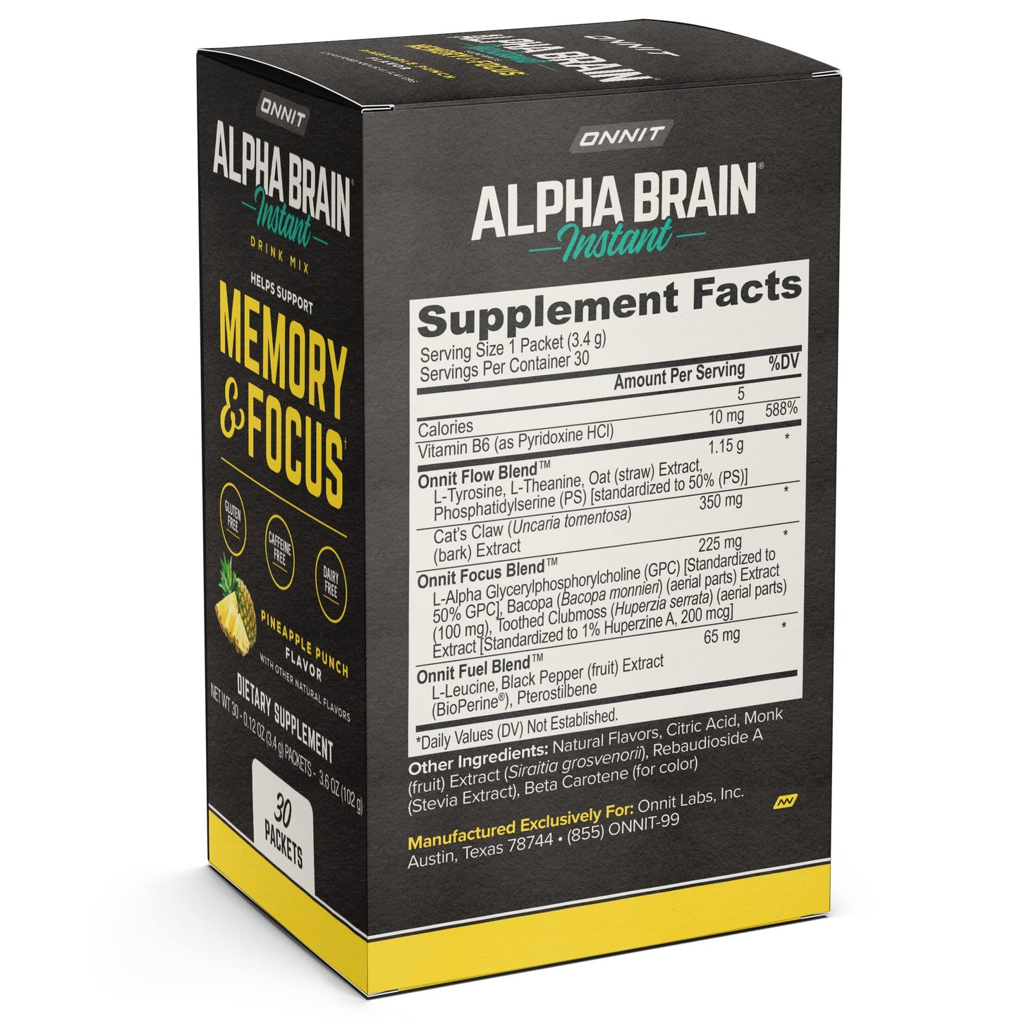 ONNIT Alpha Brain Instant - Pineapple Punch Flavor - Nootropic Brain Booster Memory Supplement - Brain Support for Focus, Energy & Clarity - Alpha GPC Choline, Cats Claw, L-Theanine, Bacopa - 30ct