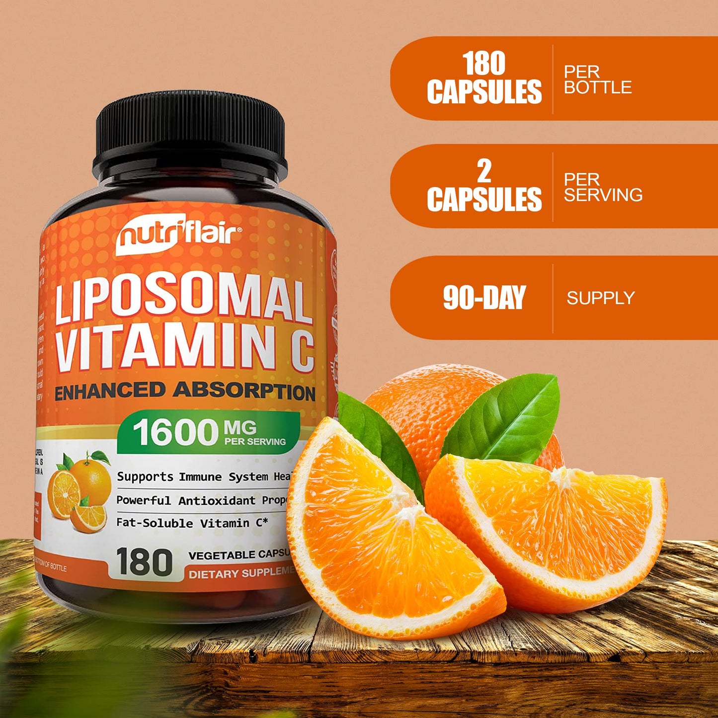 NutriFlair Liposomal Vitamin C 1600mg, 180 Capsules - High Absorption, Fat Soluble VIT C, Antioxidant Supplement, Higher Bioavailability Immune System Support & Collagen Booster, Non-GMO, Vegan Pills