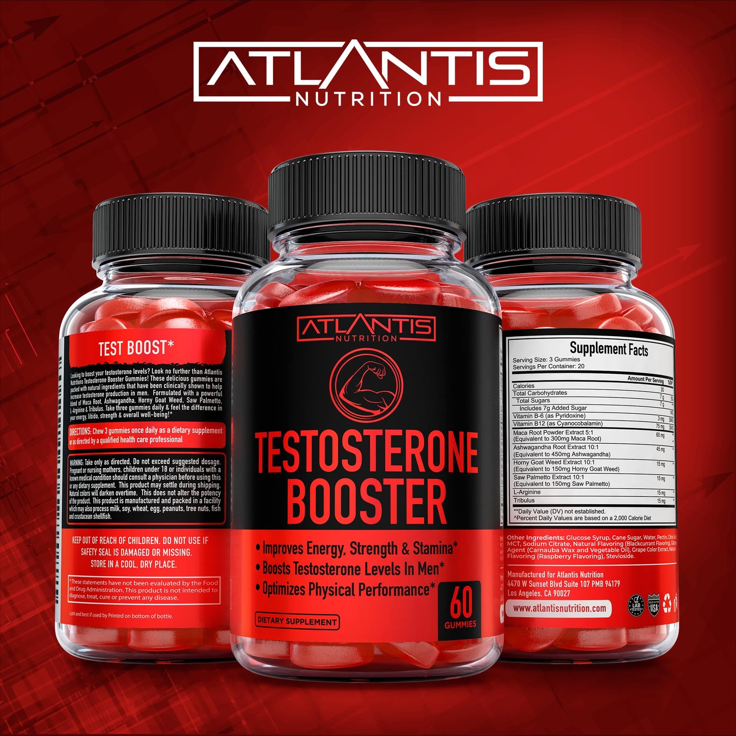 Atlantis Nutrition Testosterone Booster 2-Pack (120 Gummies) + Sugar Free Keto Apple Cider Vinegar 60 Gummies