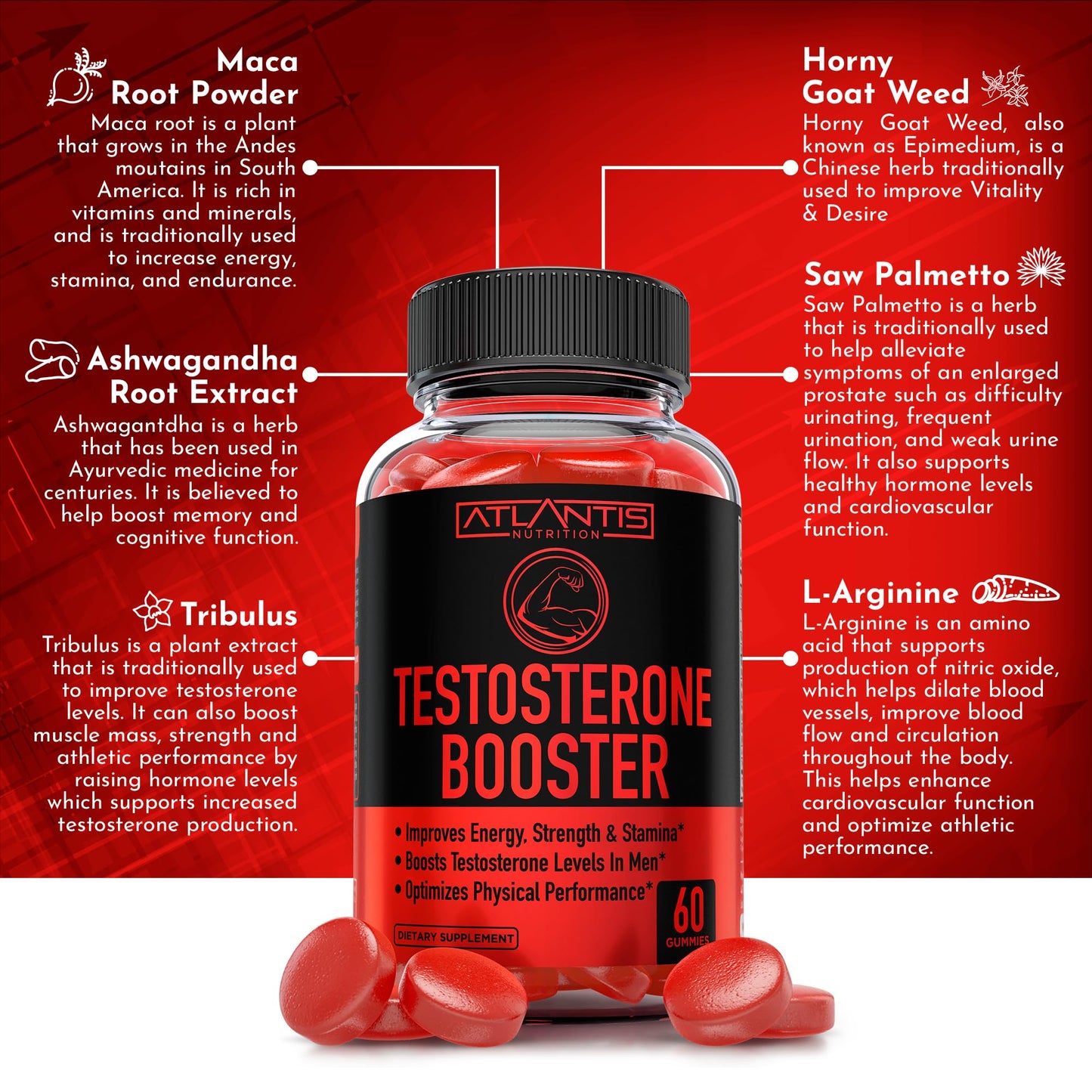 Atlantis Nutrition Testosterone Booster 2-Pack (120 Gummies) + Sugar Free Keto Apple Cider Vinegar 60 Gummies