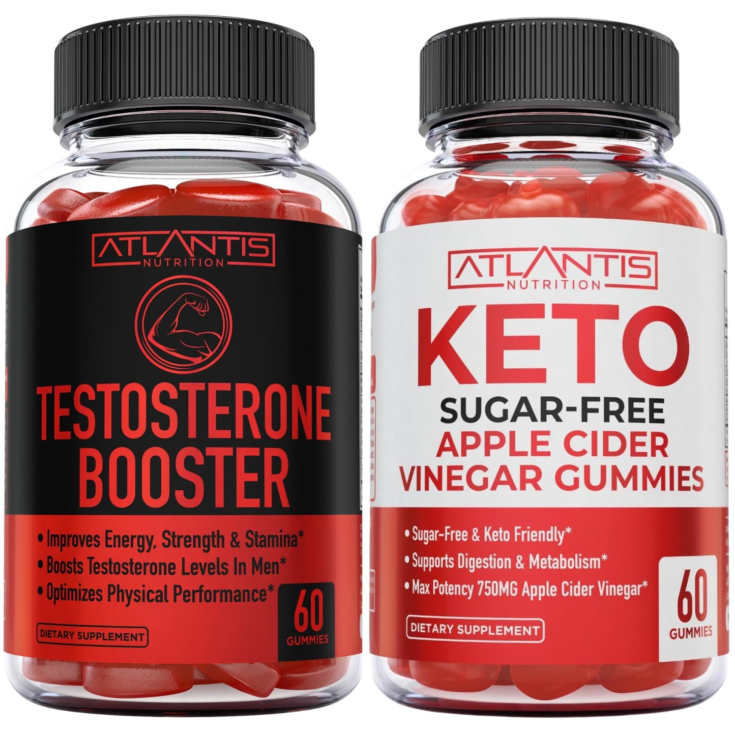 Atlantis Nutrition Testosterone Booster 2-Pack (120 Gummies) + Sugar Free Keto Apple Cider Vinegar 60 Gummies