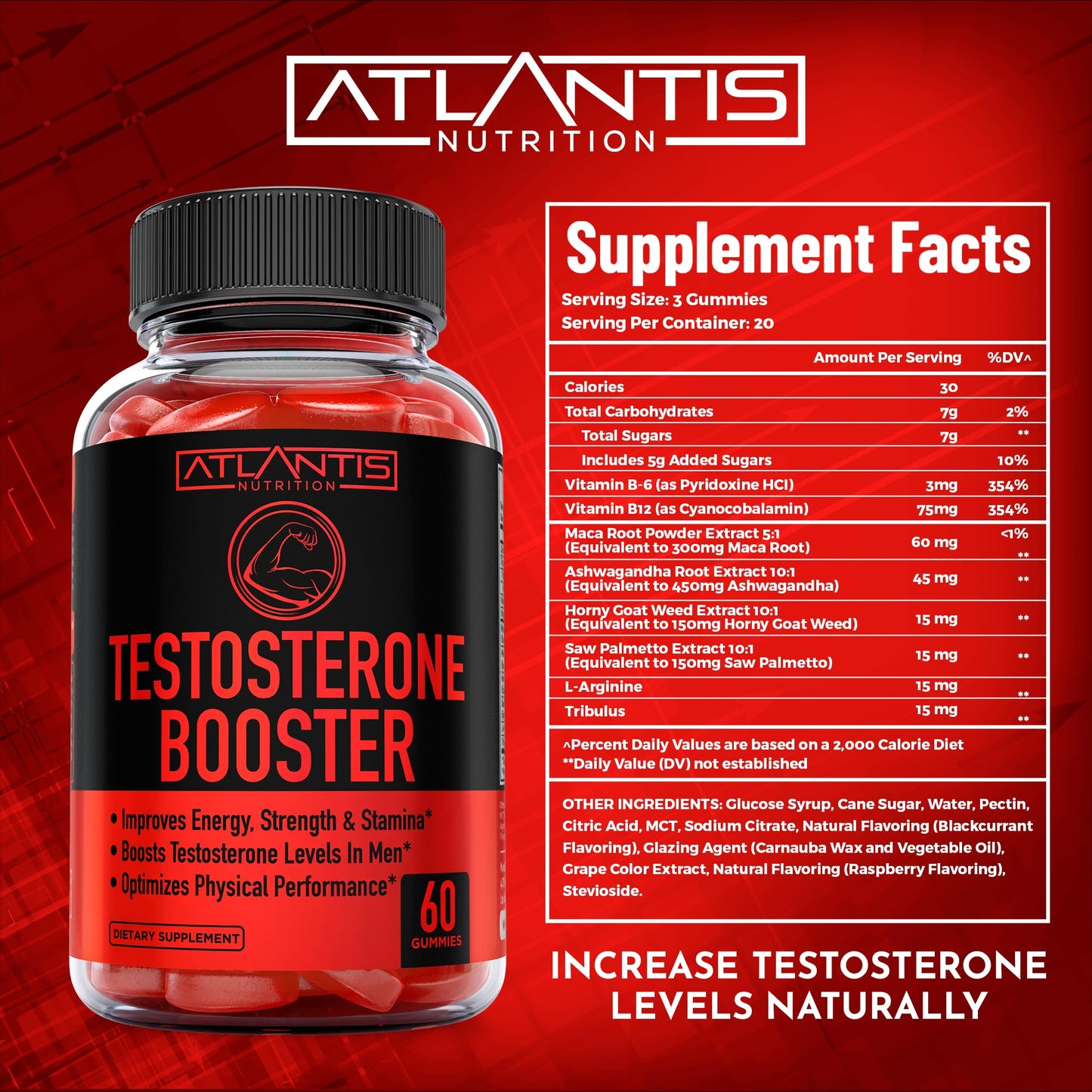 Atlantis Nutrition Testosterone Booster 2-Pack (120 Gummies) + Sugar Free Keto Apple Cider Vinegar 60 Gummies