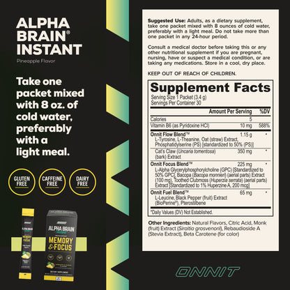 ONNIT Alpha Brain Instant - Pineapple Punch Flavor - Nootropic Brain Booster Memory Supplement - Brain Support for Focus, Energy & Clarity - Alpha GPC Choline, Cats Claw, L-Theanine, Bacopa - 30ct