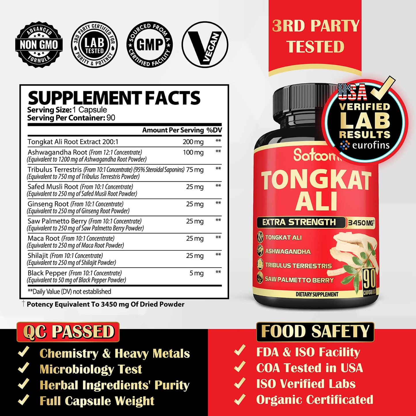 Satoomi Natural Tongkat Ali Root Extract 200:1 - 9 Essential Herbs Equivalent to 3450mg - Support Strength, Energy and Healthy Immune - 1 Pack 90 Vegan Caps 3 Month Supply