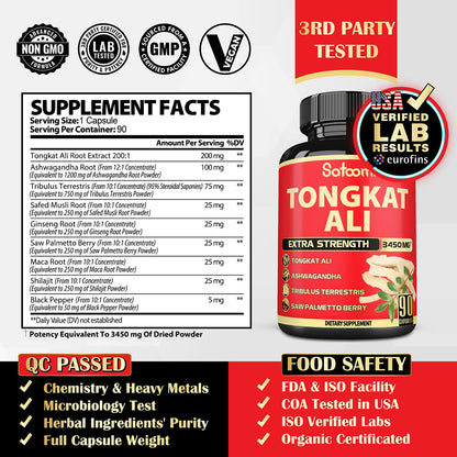 Satoomi Natural Tongkat Ali Root Extract 200:1 - 9 Essential Herbs Equivalent to 3450mg - Support Strength, Energy and Healthy Immune - 1 Pack 90 Vegan Caps 3 Month Supply